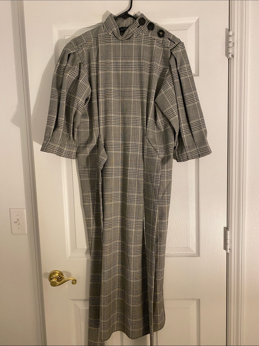 Zara Gray Plaid Midi Dress with Button-Shoulder Detail